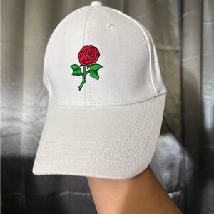 Forever 21 White Cap with Red Rose Embroidery